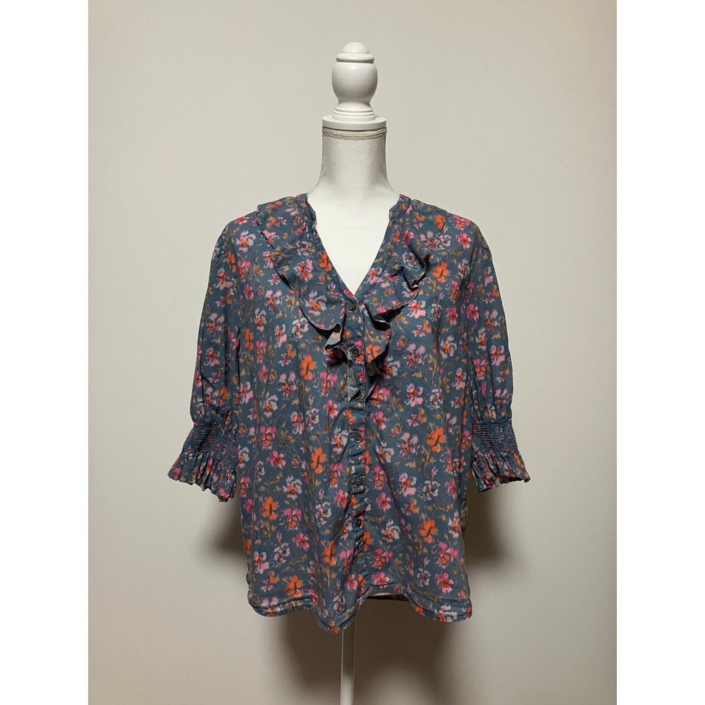 Sundance Women Ruffle V-Neck Floral Blouse Large Blue Cotton Smocked Cuffs
